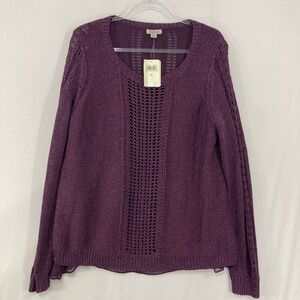 New Lucky Brand Sweater XL Crochet Layered Purple Metallic Open Knit Boho